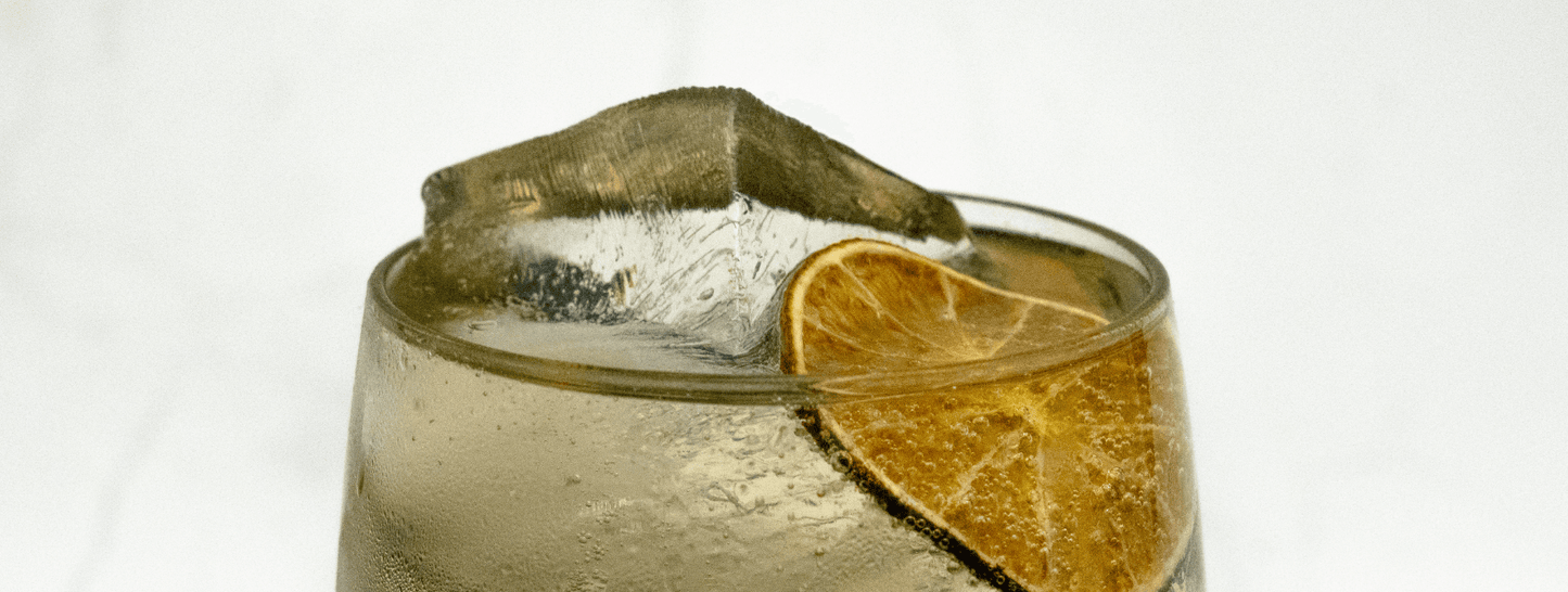 Classic Gin and Tonic close up image showing a block of ice floating at the top of the drink with a dried lime slice on a white background