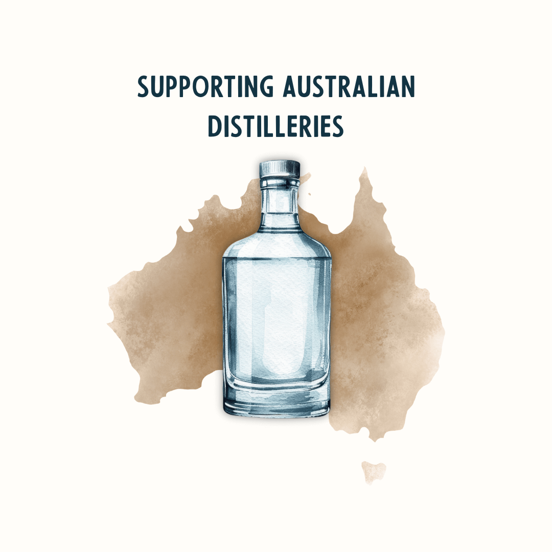 supporting Australian distilleries. Image shows a blank bottle of alcohol in front of a brown Australian symbol on a light background. 