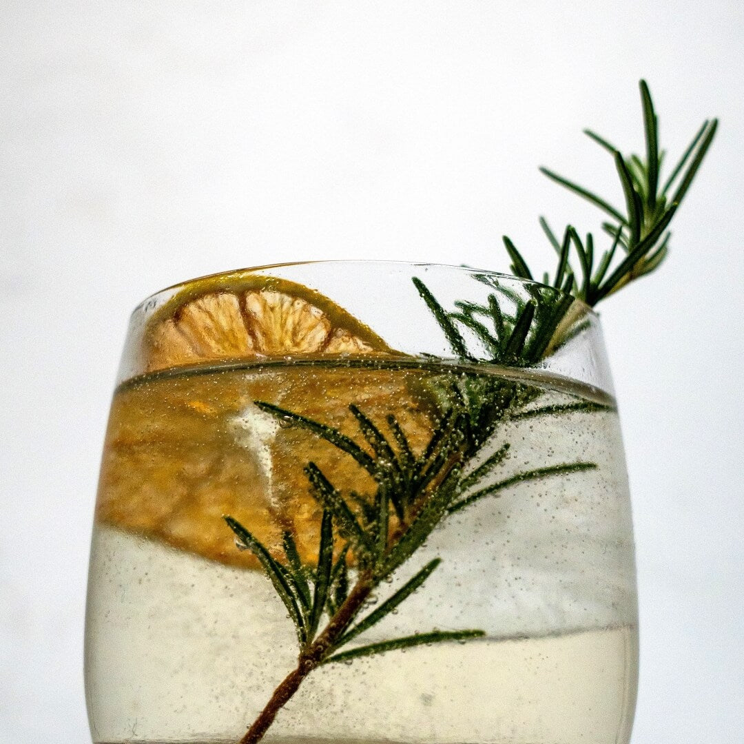 Glass of elderflower gin & tonic cocktail with lime slice and rosemary on a white background