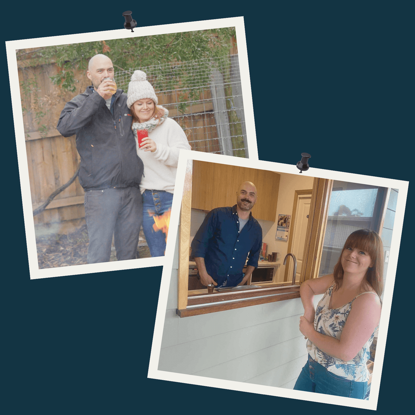 Two polaroid style images of a man and woman. One image shows the couple standing behind a fire with arms around each other, enjoying cocktails. The second image shows the man inside a window with the woman casually leaning on the outside of the window. 