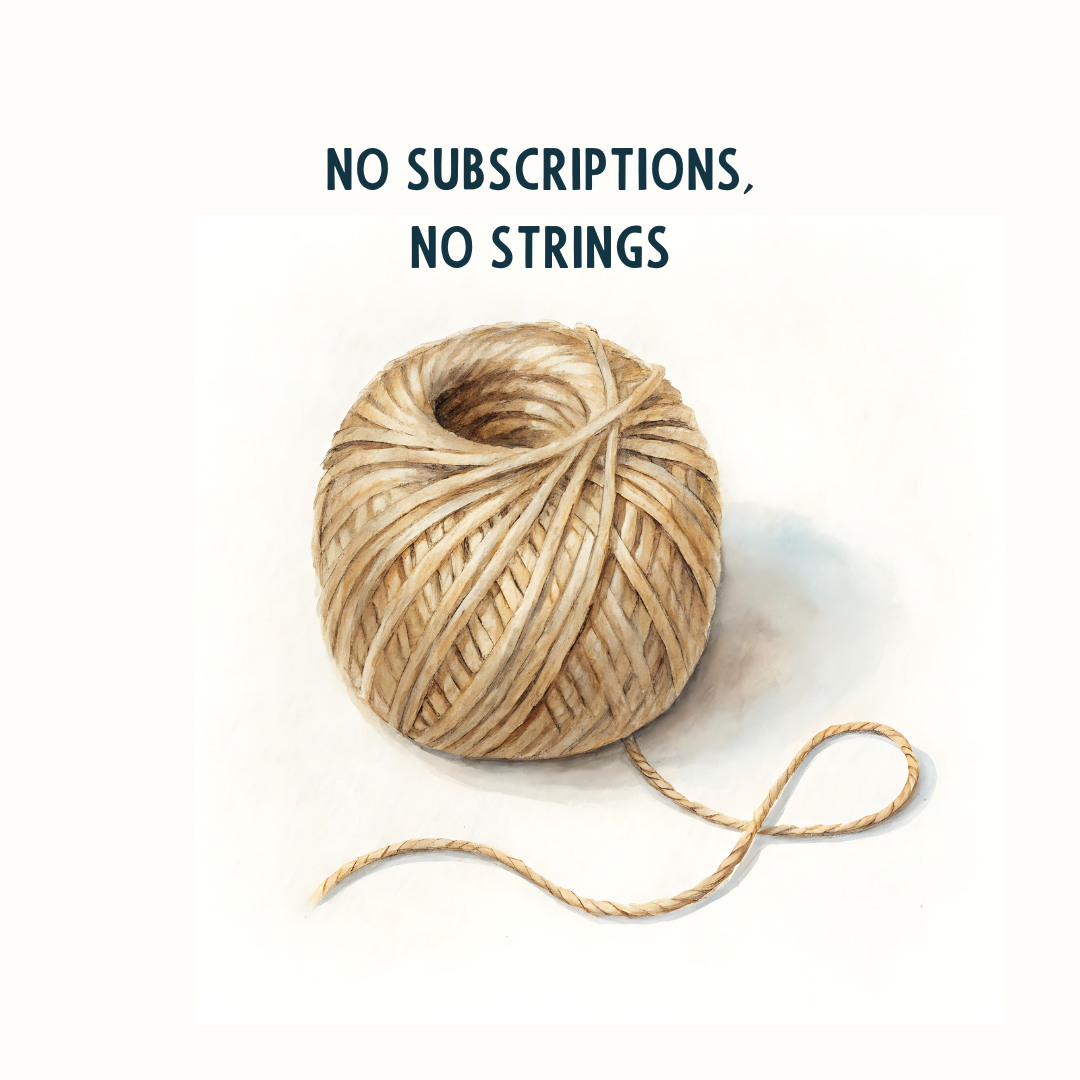 No subscriptions, no strings. Image shows a ball of hessian string on a white background to imply no strings attached