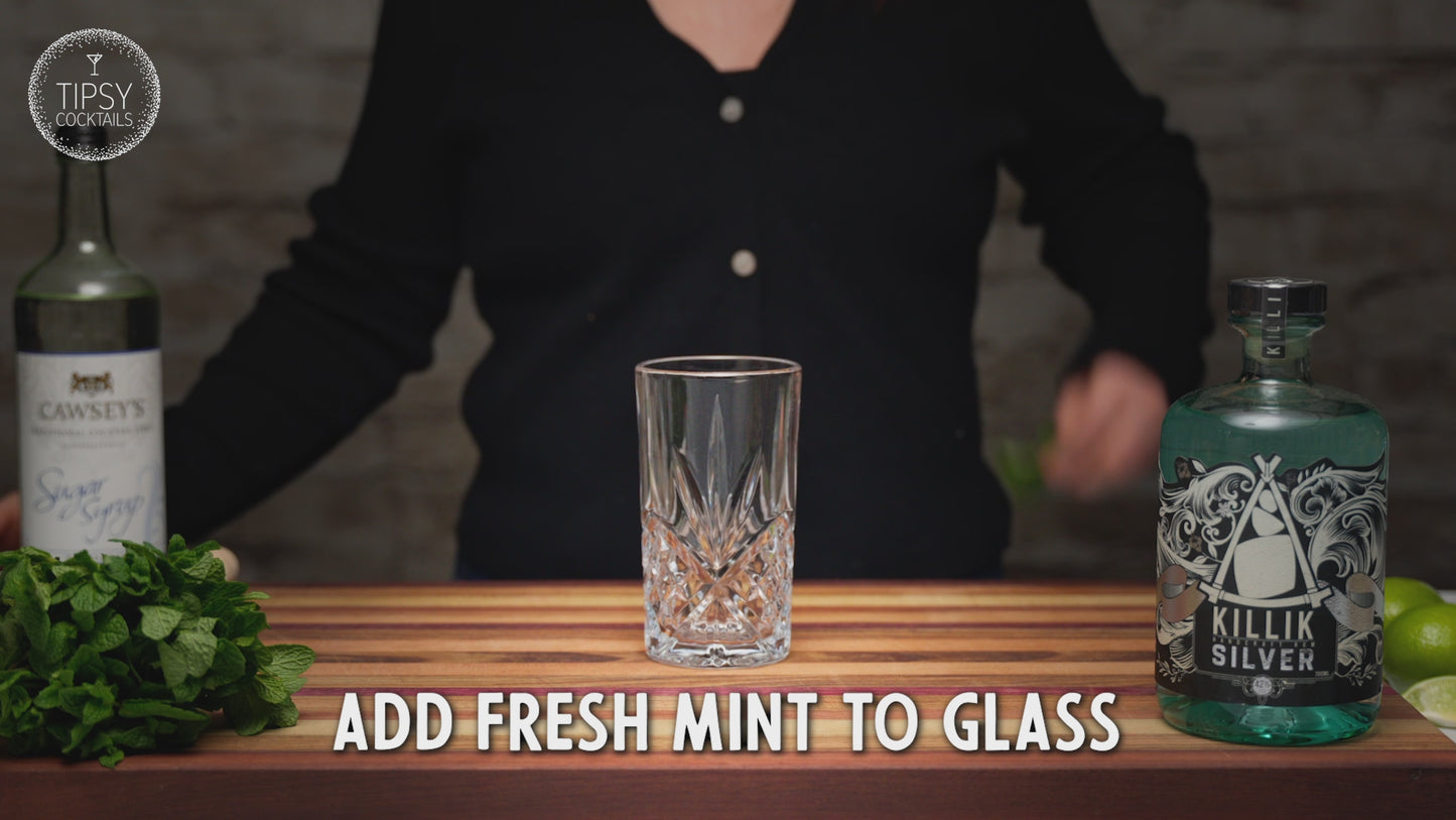 Recipe video showing how to make a Mojito cocktail. Starting muddling mint leaves and a lime wedge at the base of the glass. Add 45ml of white rum and 15ml of sugar syrup. Top with ice and pour in soda water to the top of the glass. Give the drink a stir. Garnish with dried lime slice and a sprig of fresh mint. Enjoy!