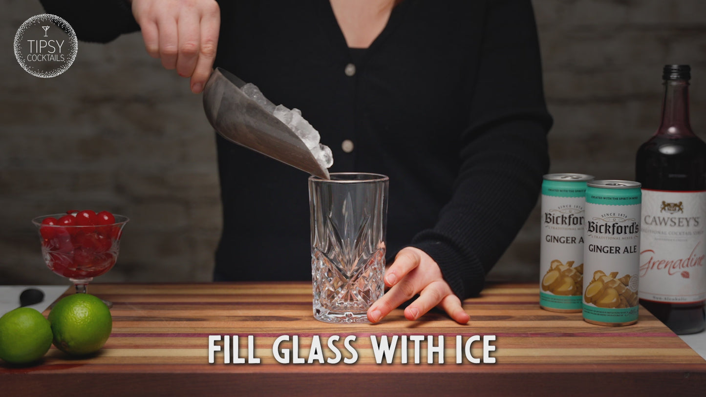 video shows the recipe and the making of a Shirley Temple Mocktail. Start by filling glass with ice. Adding 15ml Grenadine, good squeeze of lime and topping drink with approx 140ml of ginger ale. Stir the drink and top with a maraschino cherry, or two. Enjoy!