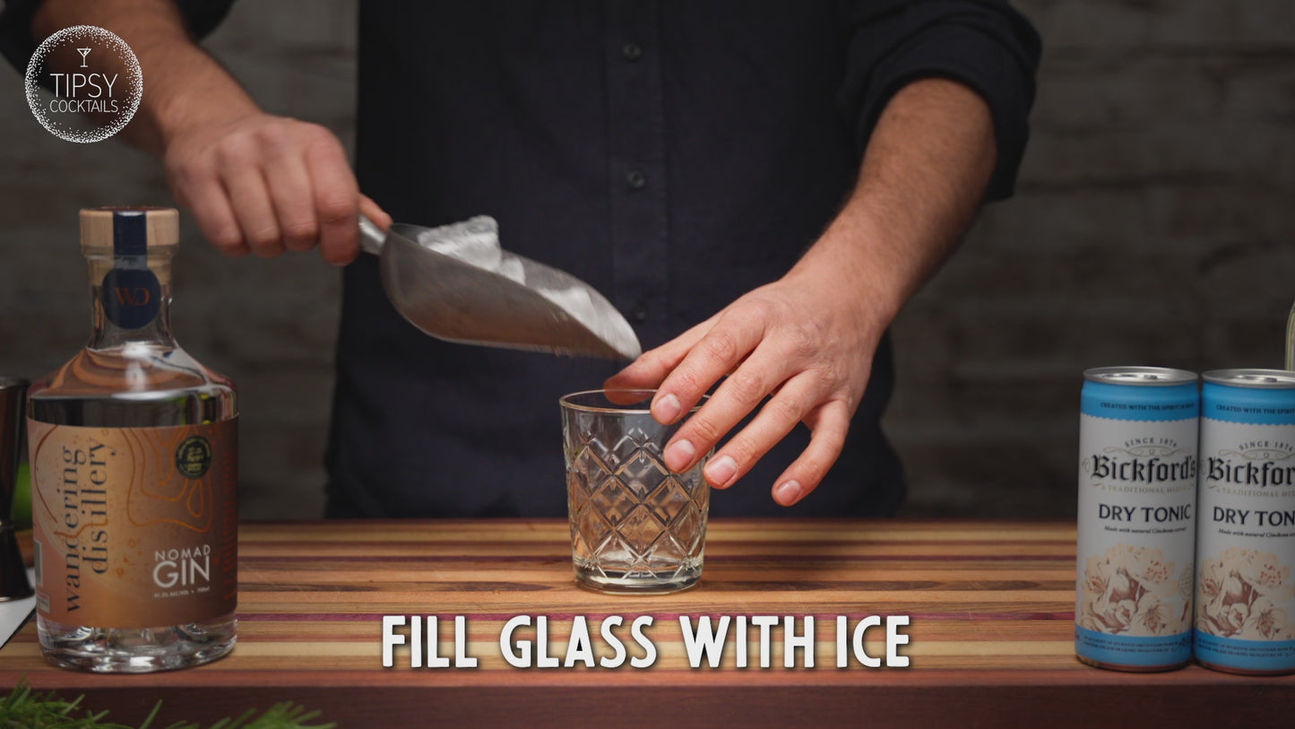Recipe of elderflower gin and tonic cocktail features in the Elderflower Gin & Tonic Cocktail Kit. Fill glass with ice, add 45ml of gin, 15ml of elderflower syrup, top with tonic water, add a slice of dried lime and a fresh sprig of rosemary to garnish. Enjoy!