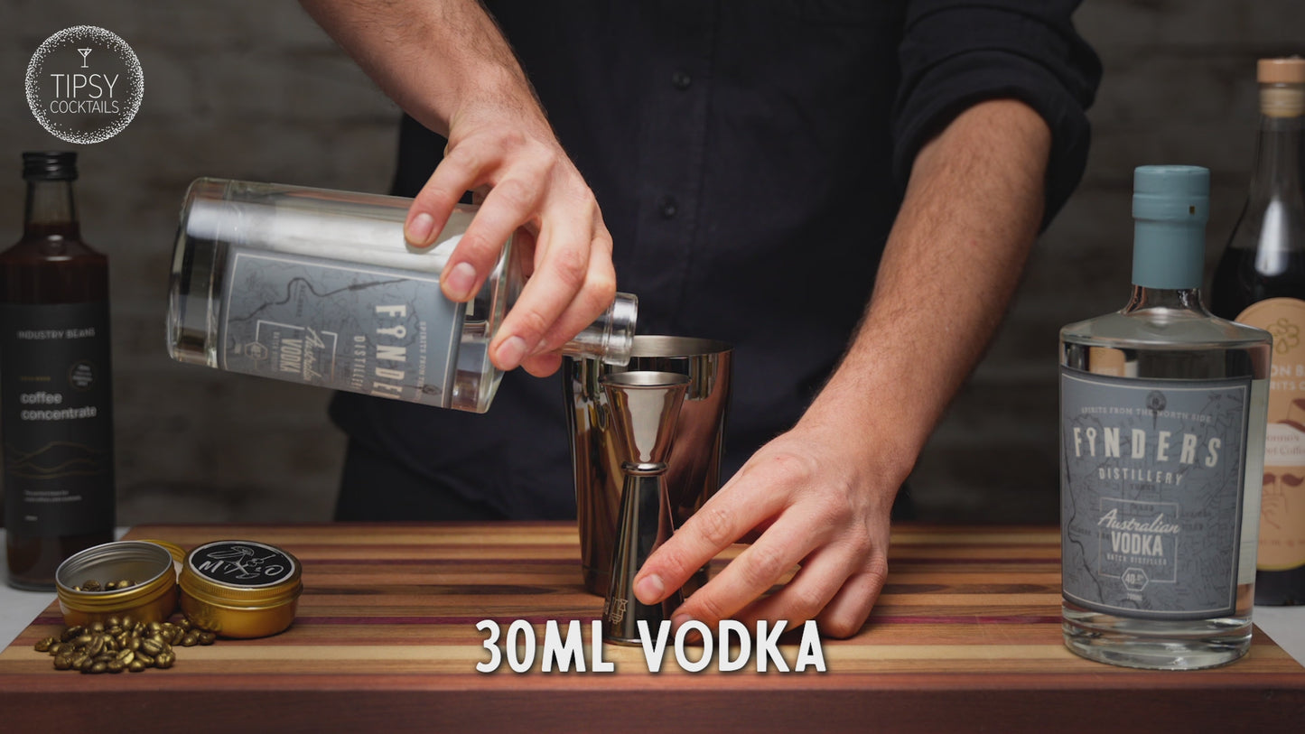Video shows the making of an espresso martini. Start with adding 30ml vodka to your shaker, 30ml coffee liqueur, 30ml coffee concentrate and 10ml of sugar syrup. Fill the shaker with ice and shake, shake, shake. Strain into a martini glass making sure all the liquid and froth has come out. Garnish with 3 coffee beans. 